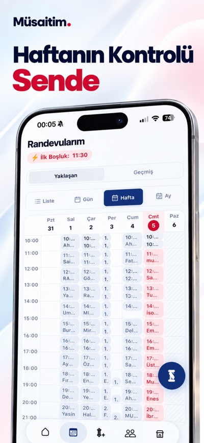 Müsaitim işletme takviminin haftalık görünümü